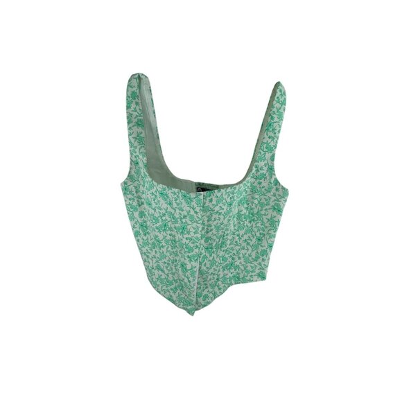 Zara Mint Green Floral Poplin Corset Top Sz M Cotton Blend Smocked Cropped - Picture 1 of 7